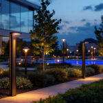 A photograph of a beautifully illuminated outdoor space featuring various styles of bollard lights in use