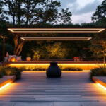 A photograph of a beautifully illuminated outdoor space featuring various linear light fixtures in use