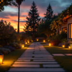 A photograph of a beautifully illuminated outdoor scene transitioning from dusk to dawn