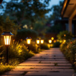 A photograph of a well-lit outdoor setting featuring solar-powered led lights illuminating a pathway or garden