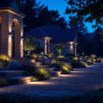A photograph of a beautifully illuminated outdoor landscape at dusk