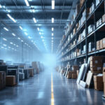 A photograph of a warehouse filled with flat panel lights