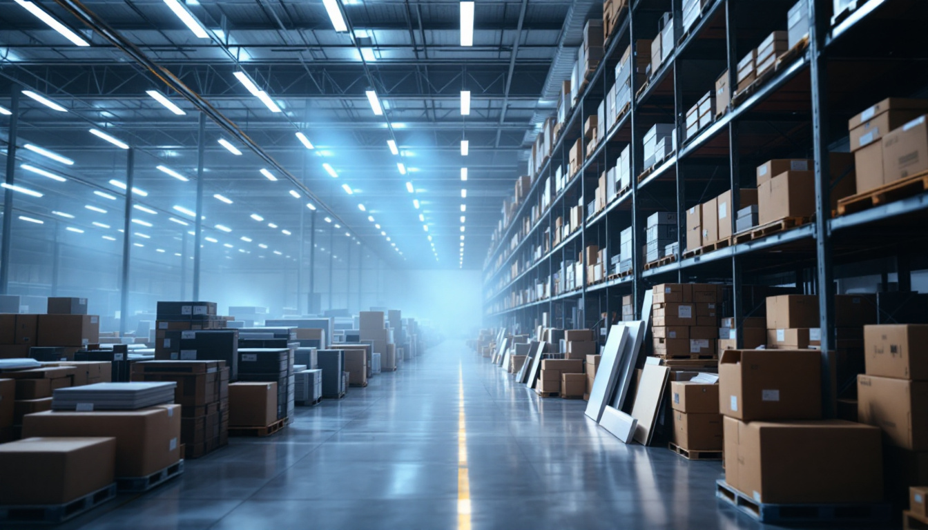 A photograph of a warehouse filled with flat panel lights