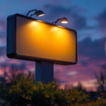 A photograph of a well-lit outdoor sign at dusk