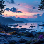 A photograph of a beautifully illuminated coastal landscape at dusk