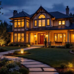 A photograph of a beautifully illuminated outdoor space featuring various styles of house lights