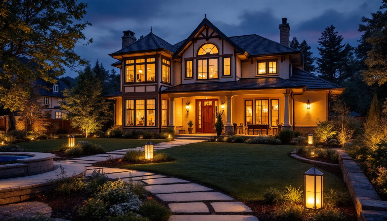 A photograph of a beautifully illuminated outdoor space featuring various styles of house lights