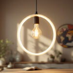 A photograph of a beautifully designed architectural round pendant light hanging in a stylish interior setting