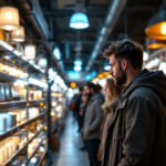 A photograph of a bustling local lighting store with a focus on unsatisfied customers browsing through a limited selection of cylinder lights