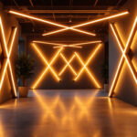 A photograph of capture a photograph of a modern interior space featuring architectural x-shaped linear lights