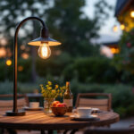A photograph of a beautifully lit outdoor setting featuring a stylish architectural gooseneck light and a rustic barn light