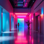 A photograph of a beautifully designed architectural space featuring vibrant rgb lighting fixtures
