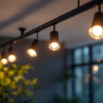 A photograph of a modern interior space featuring sleek architectural track lighting in action
