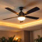 A photograph of a stylish ceiling fan in a well-lit room