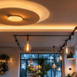 A photograph of a well-designed interior space featuring stylish ceiling lights