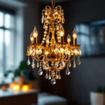 A photograph of a beautifully designed chandelier illuminated in a stylish interior setting