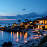A photograph of a beautifully illuminated coastal setting at dusk