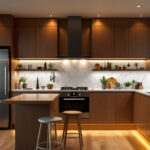 A photograph of a beautifully designed kitchen featuring sleek under cabinet lighting that highlights the countertops and creates a warm ambiance