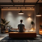 A photograph of a well-lit interior space featuring wafer lights installed in various settings