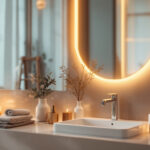 A photograph of a beautifully illuminated led mirror in a stylish bathroom setting
