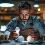 A photograph of a lighting contractor examining various led light bulbs in a well-lit workspace