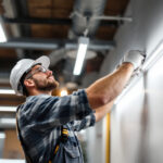 A photograph of a lighting contractor installing led tube lights in a modern commercial space
