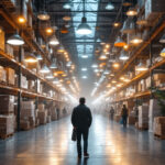 A photograph of a bustling warehouse filled with suspended lights in various styles and sizes