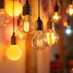 A photograph of a well-lit interior space featuring an array of decorative led bulbs in various styles and colors