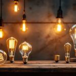 A photograph of a beautifully arranged display of vintage led bulbs in various shapes and sizes