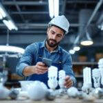 A photograph of a lighting contractor examining a variety of fluorescent light bulbs in a well-lit workspace