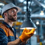 A photograph of a lighting contractor examining or installing a metal halide lamp in a commercial or industrial setting