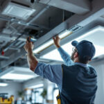 A photograph of a lighting contractor installing an led troffer retrofit kit in a commercial space