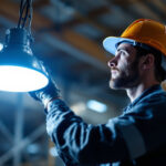 A photograph of a lighting contractor installing a high bay led retrofit kit in a commercial warehouse setting