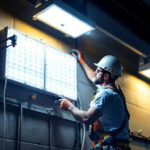 A photograph of a lighting contractor installing an led wall pack retrofit on a commercial building