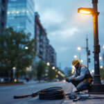 A photograph of a lighting contractor installing an led street light retrofit kit on a city street