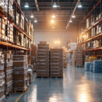 A photograph of a warehouse filled with stacks of emergency exit lights