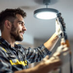 A photograph of a lighting contractor installing a recessed led retrofit kit in a modern home setting