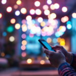 A photograph of a lighting contractor using a smartphone or tablet to remotely control a vibrant array of smart lights in a modern setting