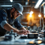 A photograph of a skilled lighting contractor inspecting and installing various ballasts and drivers in a well-lit workspace