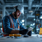 A photograph of a lighting contractor inspecting or installing an emergency ballast in a commercial setting