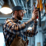 A photograph of a lighting contractor in action