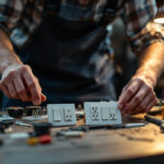 A photograph of a skilled lighting contractor examining a variety of switches and receptacles on a workbench