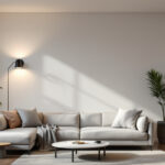 A photograph of a modern living room featuring smart lighting systems in action