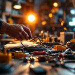 A photograph of a professional lighting contractor examining various electrical power cords in a well-lit workspace