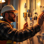 A photograph of a lighting contractor expertly installing or adjusting various sensors and timers in a well-lit environment