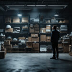 A photograph of a dimly lit industrial space with stark contrasts