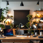 A photograph of a well-lit workspace featuring a variety of gooseneck and barn lights displayed in an inviting manner