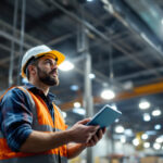 A photograph of a lighting contractor installing a high bay occupancy sensor in a large industrial space