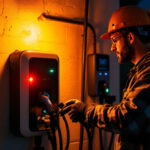 A photograph of a lighting contractor installing an electric vehicle charger in a residential garage