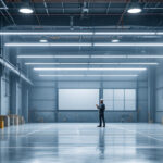A photograph of a well-lit industrial space showcasing a linear high bay lighting installation